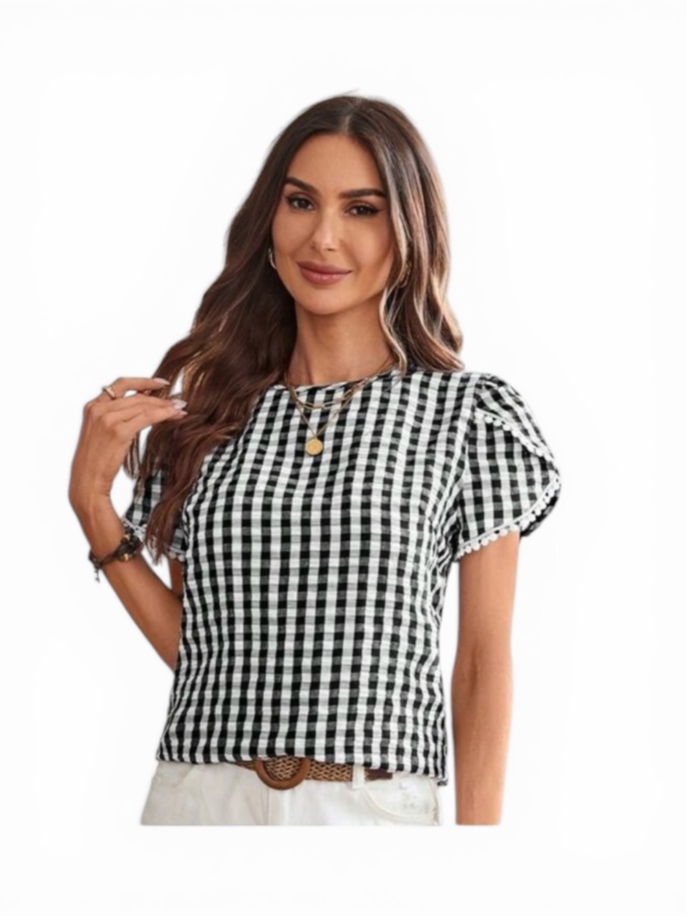 Shein Buffalo Plaid Tulip Short Sleeve Top NWT